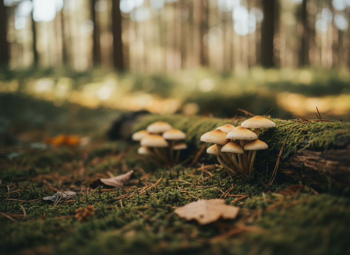 Calm, minimal photograph of psilocybin mushrooms in a natural forest setting with soft light, earthy tones, and plenty of negative space, styled to feel clean and modern for a website hero section